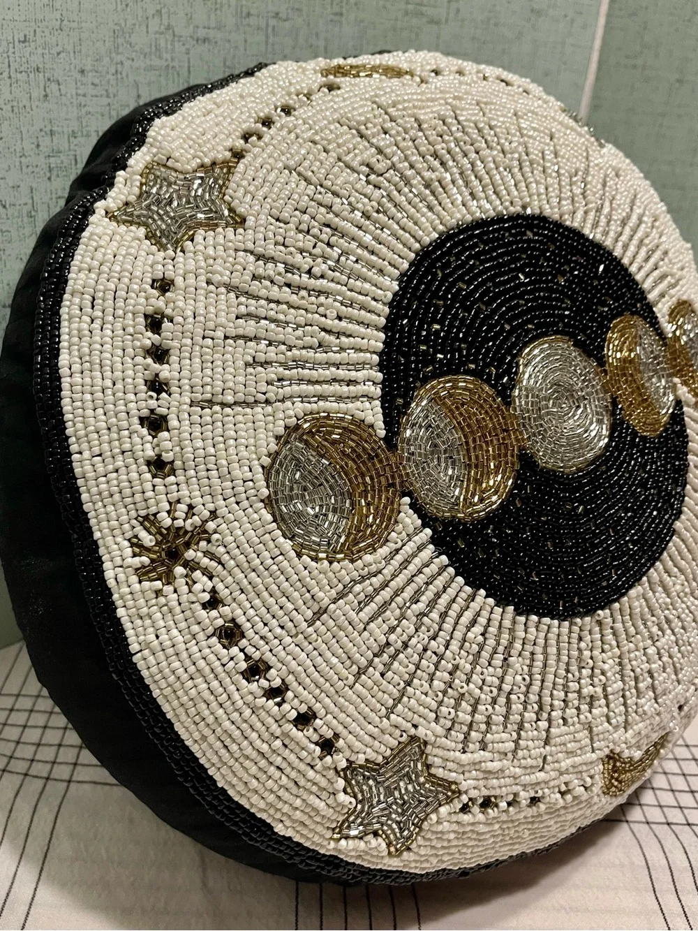Round FULLY BEADED Moon Phase Pillow in Black, White & Gold CELESTIAL DECOR